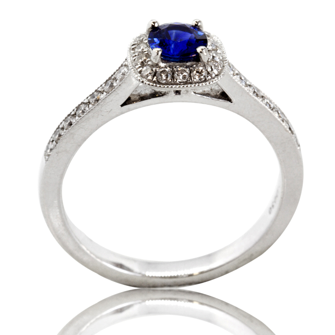 Platinum Sapphire and Diamond Halo Ring - Image 3