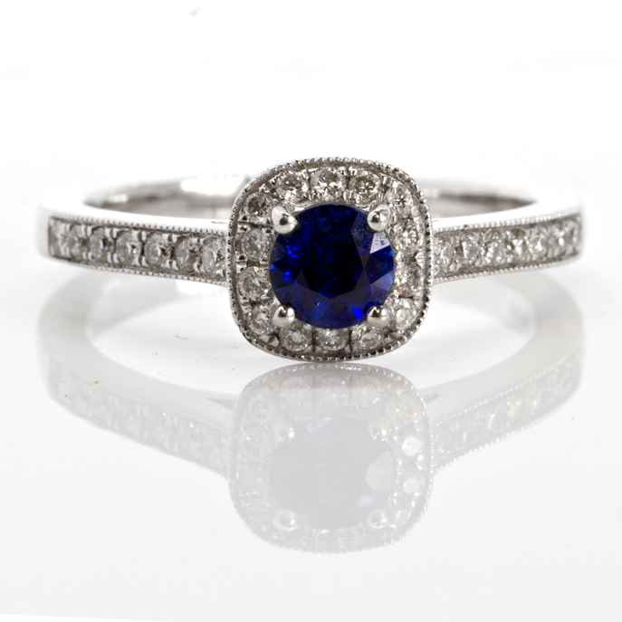 Platinum Sapphire and Diamond Halo Ring - Image 2